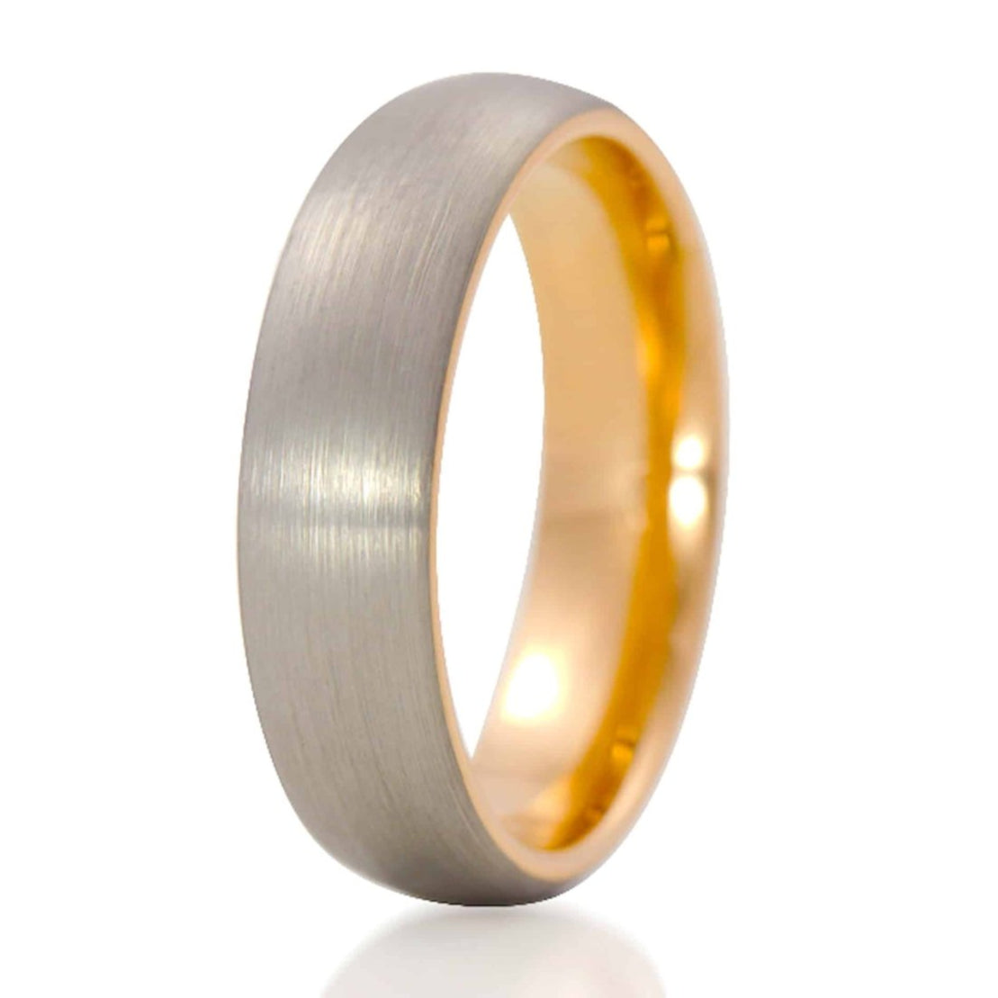 The Ember, a 6mm gray tungsten carbide ring with a brushed finish and a polished rose gold band.