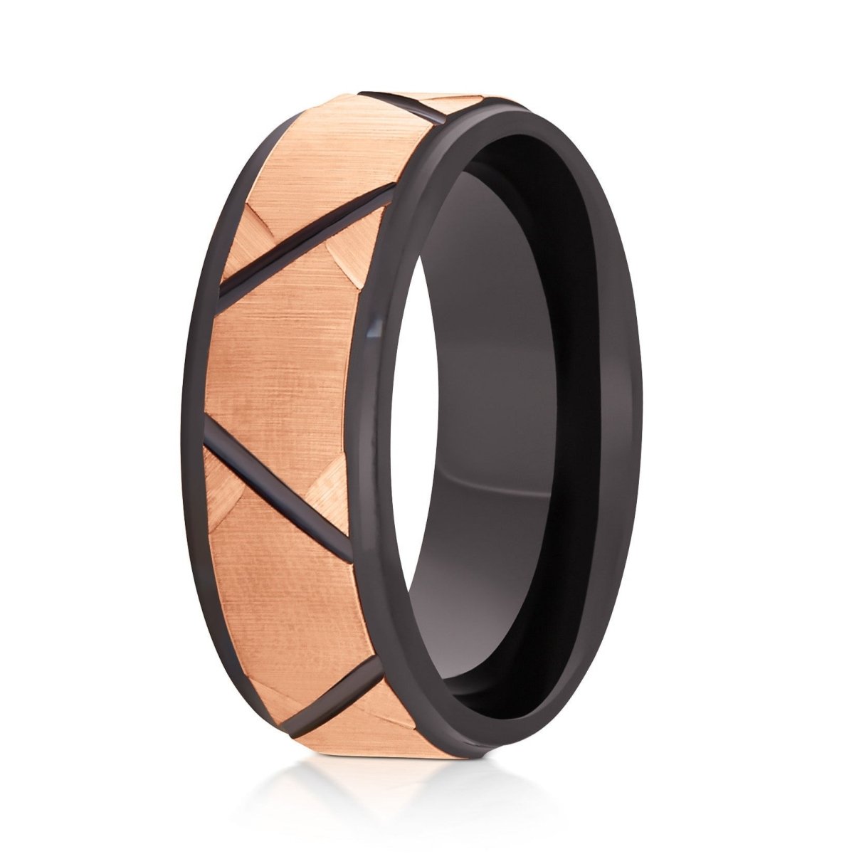 The Embercrest, a black tungsten ring with a polished finish that features brushed rose gold trapezoids in the center.