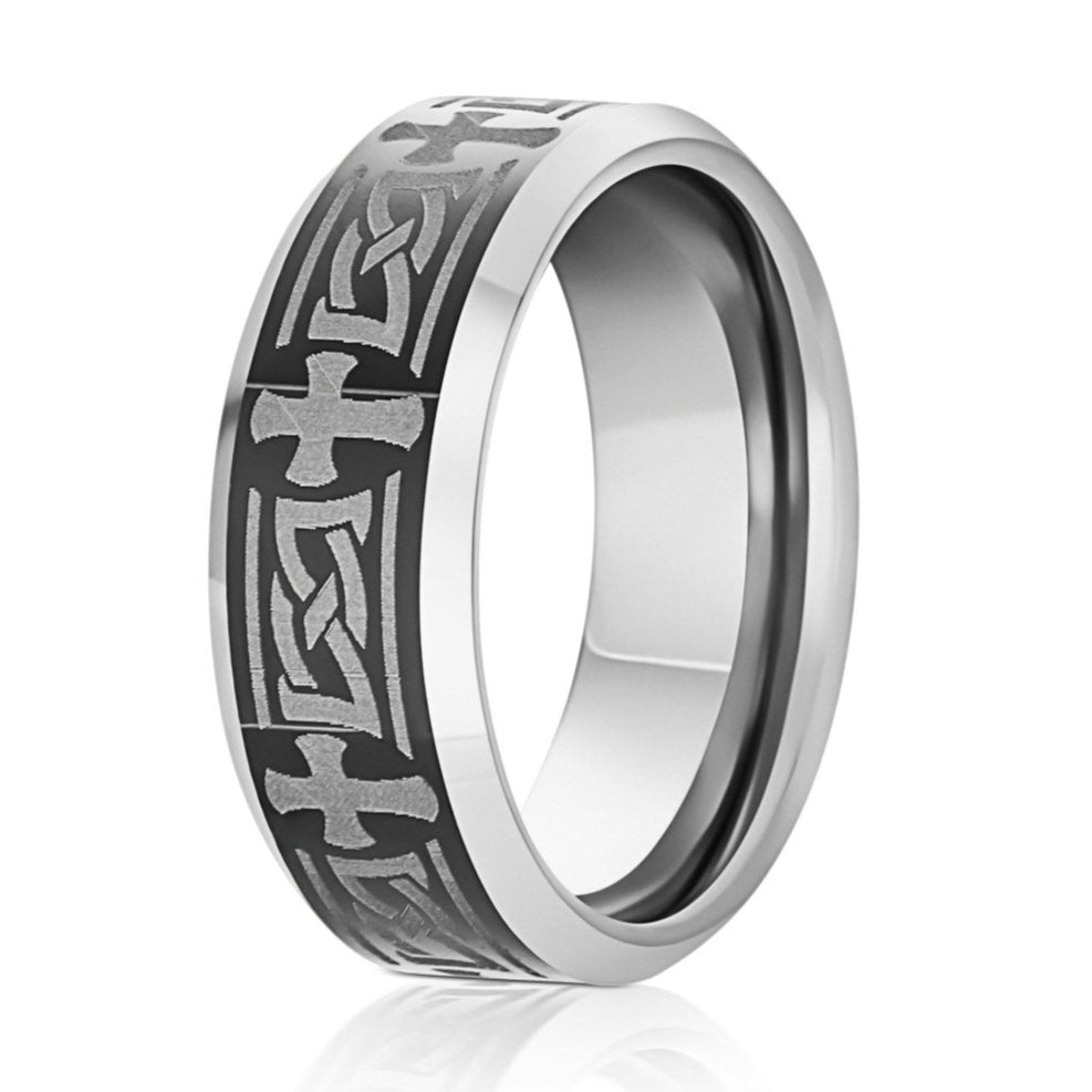 The Enigma, a silver tungsten ring with a polished finish that features a gray Celtic Cross engraved center.