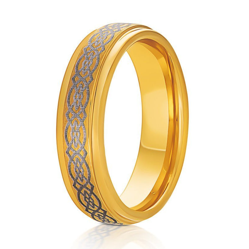 The Erikson, a 6mm gold tungsten carbide ring that features a brushed center with polished edges and a laser-engraved silver celtic knot.