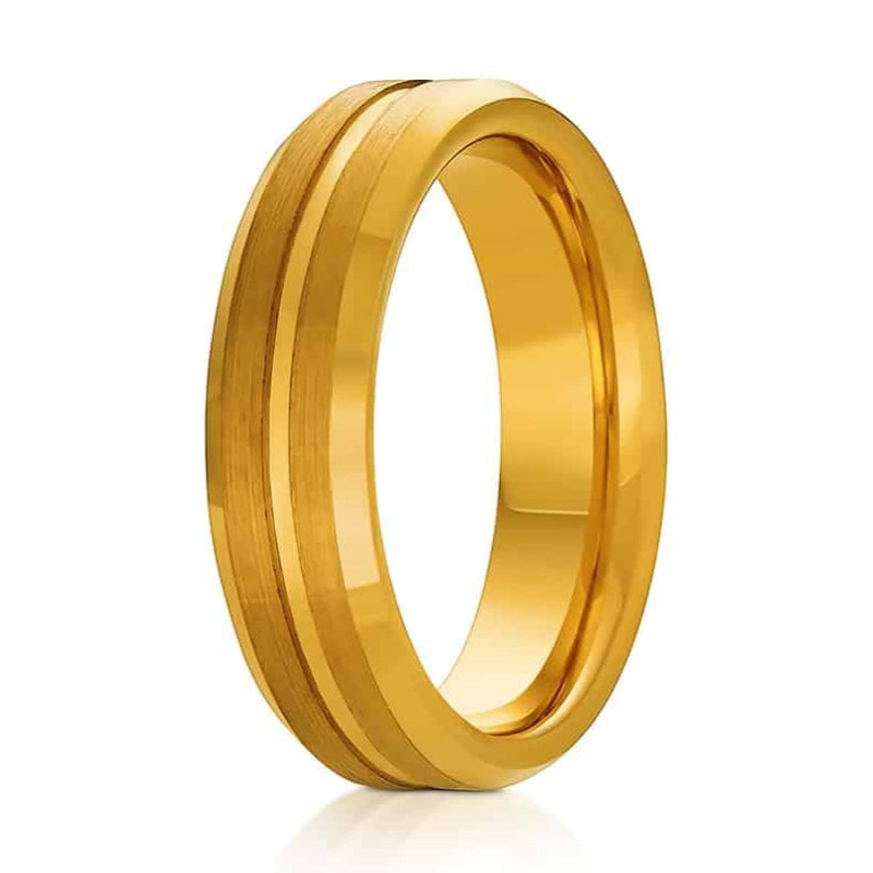 The Esquire, a 6mm gold tungsten carbide ring with a brushed center and polished edges with a grooved center.