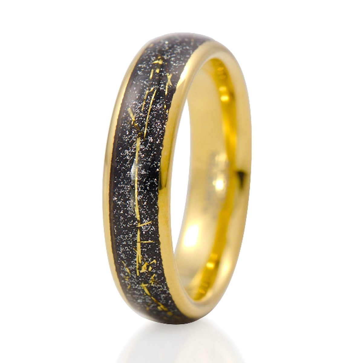 The Eureka, a 6mm gold tungsten ring with a polished finish that features a black center with shiny gold metallic shavings.