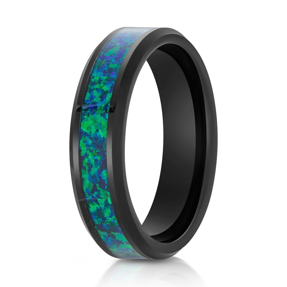The Evergreen, a 6mm black tungsten ring with a polished finish and beveled edges that features an emerald green opal inlay in the center.