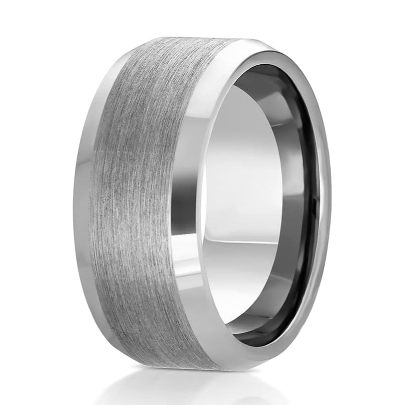 The Everlasting, a 10mm tungsten carbide scratch-resistant ring that features a brushed finish center and sleek, polished edges.