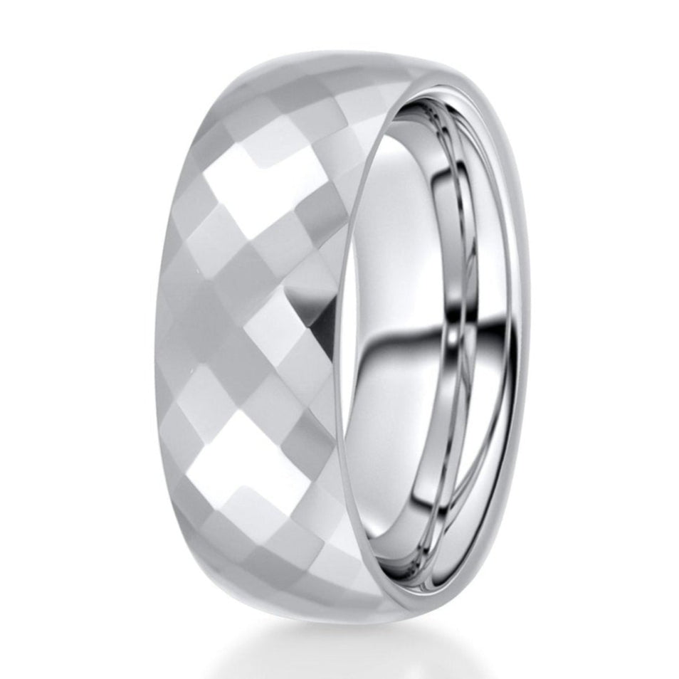 The Faceted, faceted and polished silver tungsten mens wedding band or anniversary ring on white background.