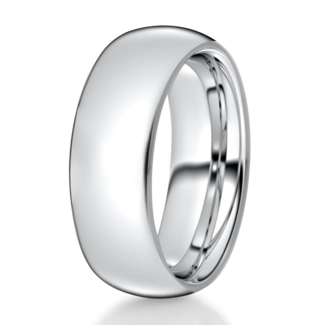 The Fitzgerald, mens scratch resistant silver tungsten wedding band or anniversary ring on white background.