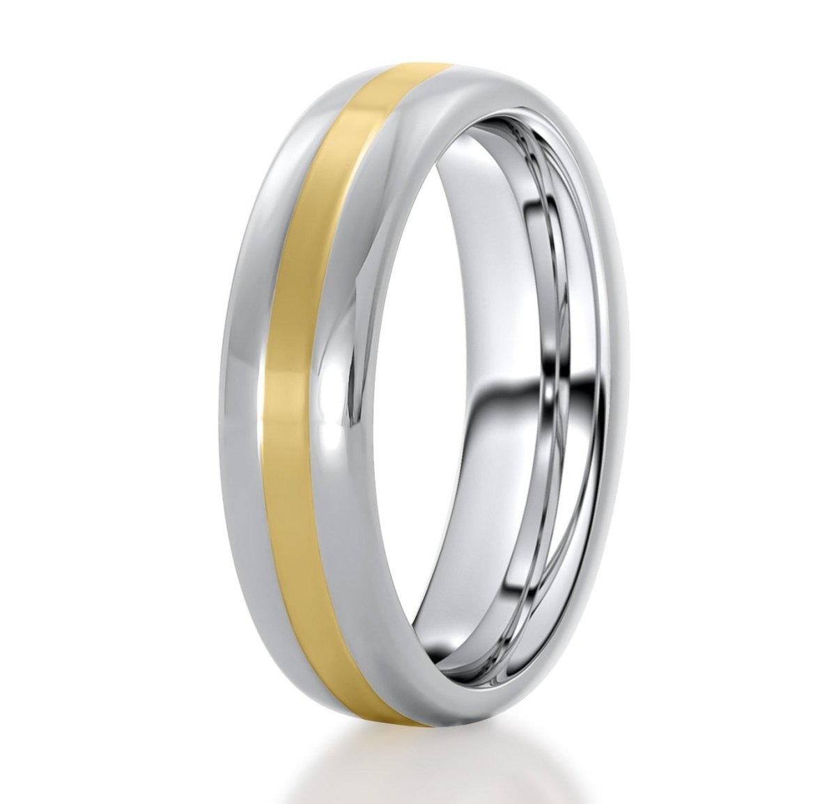 The Flash, a 6mm silver tungsten ring that features a polished finish and a gold striped center.