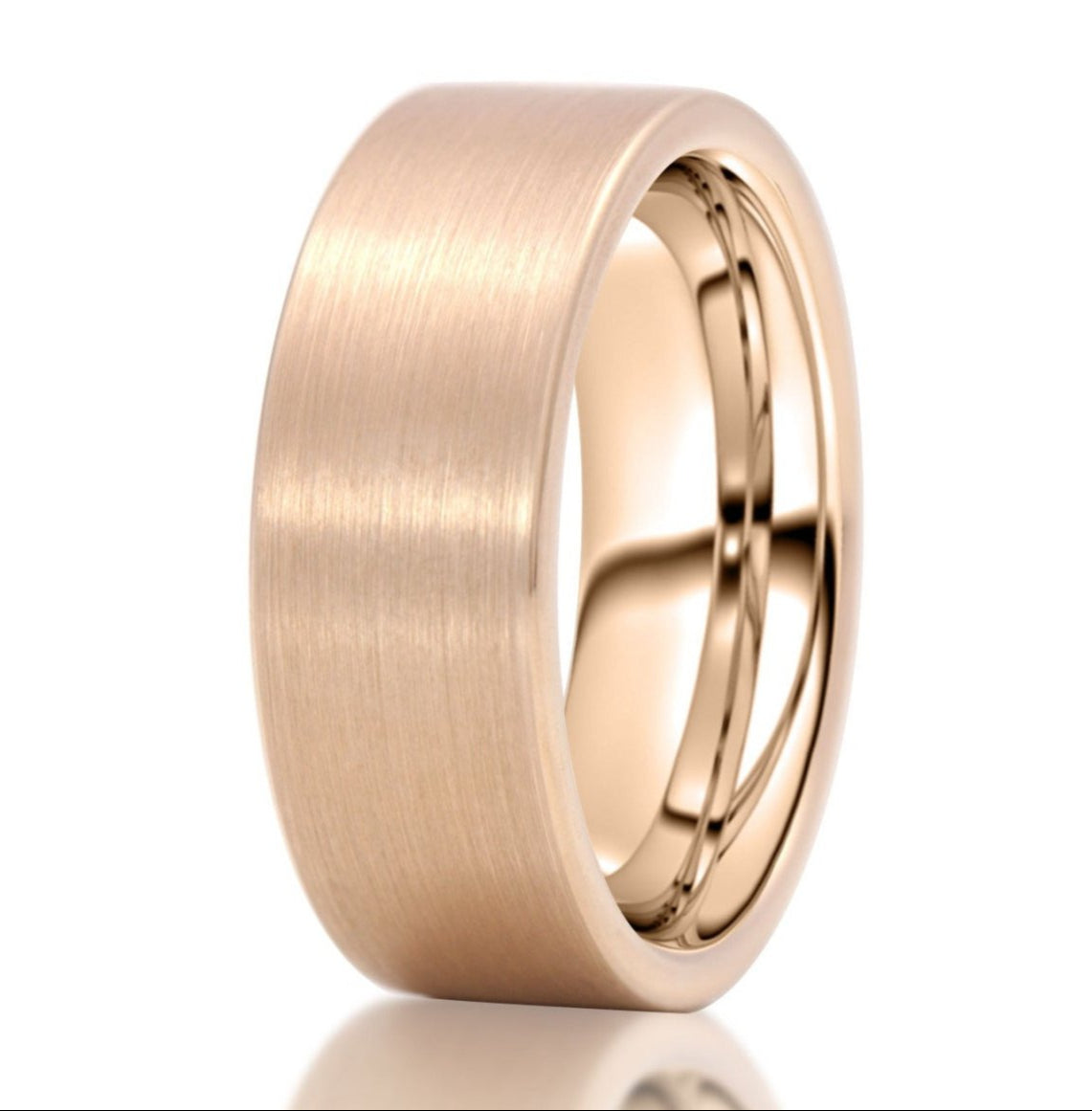 The Flint, a 8mm rose gold tungsten carbide scratch-resistant ring with a brushed finish and pipe cut design.