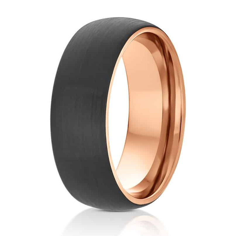 The Folsom Lake, a black tungsten carbide ring that features a brushed finish and a rose gold polished inner band.
