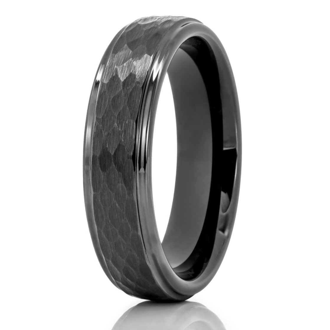The Fox, a 6mm black tungsten carbide scratch-resistant ring that features a brushed and hammered finish and sleek, polished edges.