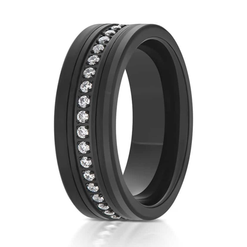 The Gaia, a black tungsten carbide scratch-resistant ring that features a polished finish with brushed lines and CZ diamonds.