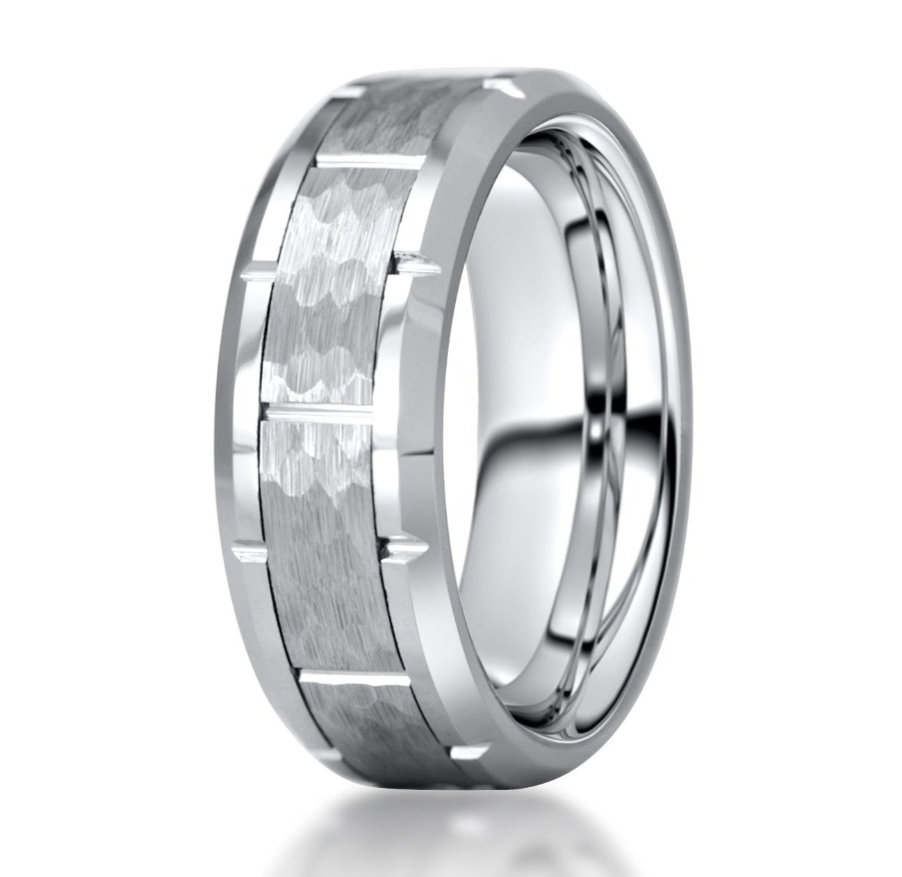 The Garand, a silver tungsten ring with a polished finish and a gray, hammered and brushed center.