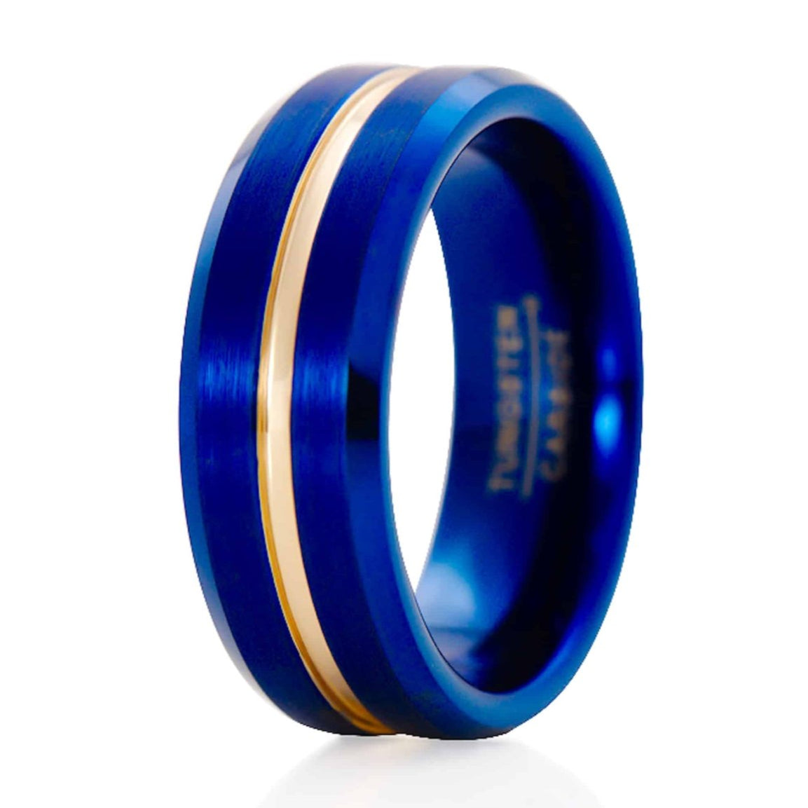 The Gelasius, a blue tungsten carbide ring that features a brushed center and polished edges with a rose gold grooved center.