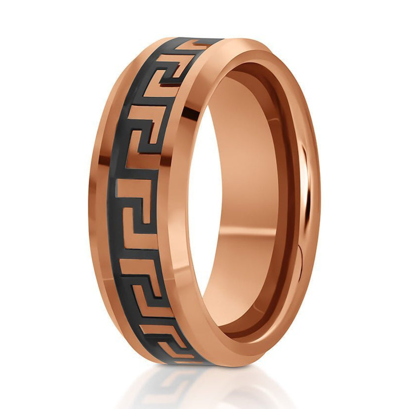 The General, a polished rose gold tungsten carbide ring with a black, Greek pattern inlay.