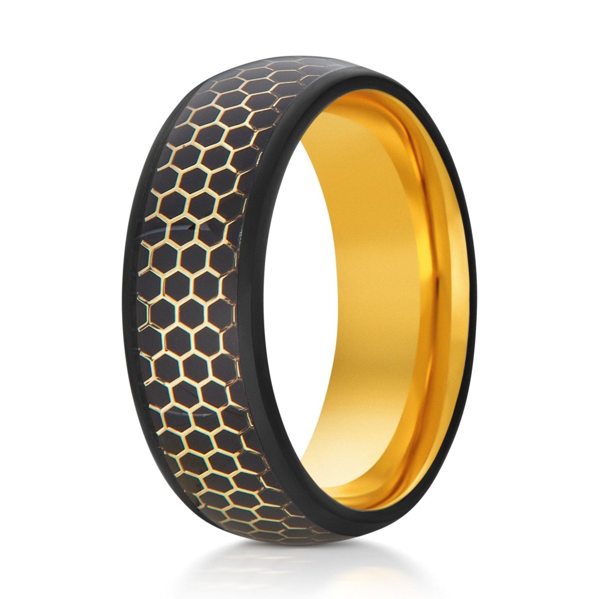The Gilded Hive, a 8mm black tungsten ring with a polished finish that feature a gold honeycomb cut inlay with a gold inner band.