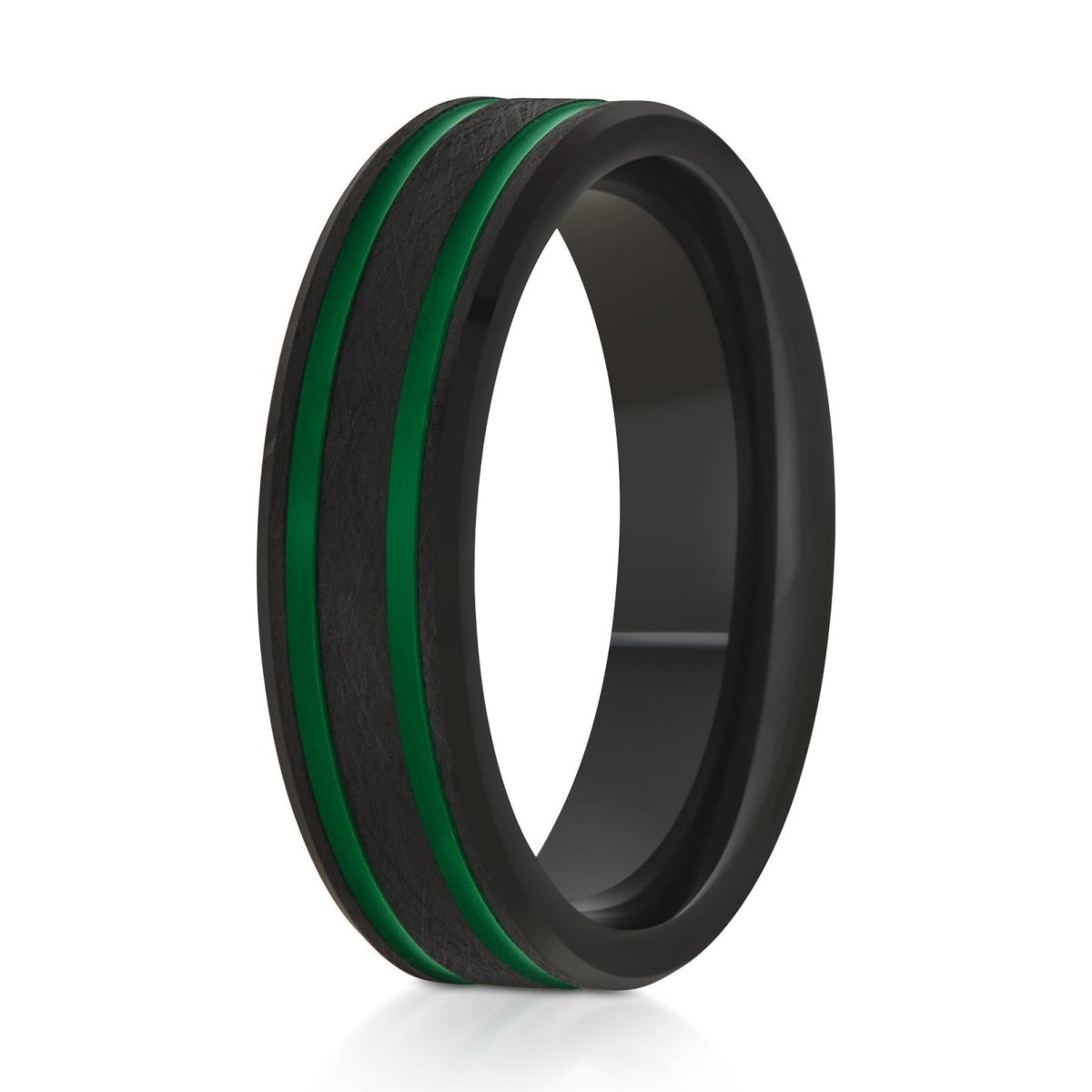 The Glade, a 6mm black tungsten ring with a wire brushed finish and 2 green grooves.