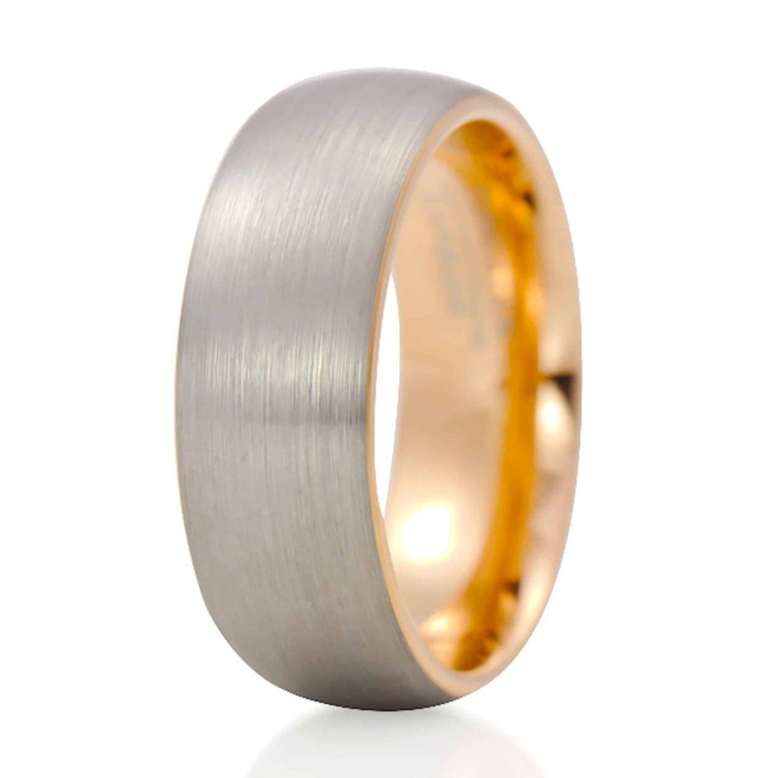 The Glasgow, a silver tungsten ring with a brushed finish and sleek, polished rose gold band.