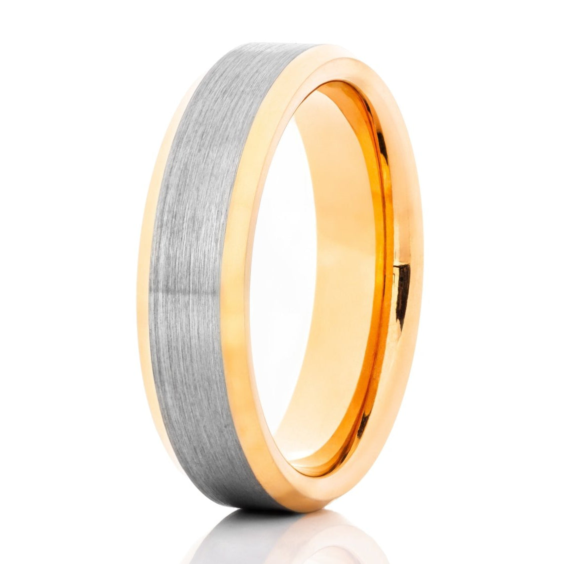 The Glen Canyon, a rose gold tungsten ring with a brushed silver center and polished edges.