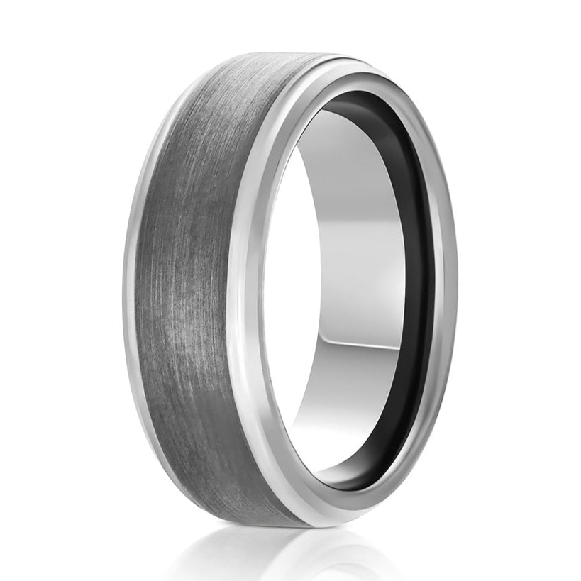 The Globetrotter, an 8mm gray tungsten carbide scratch-resistant ring with a brushed center and sleek, polished edges.