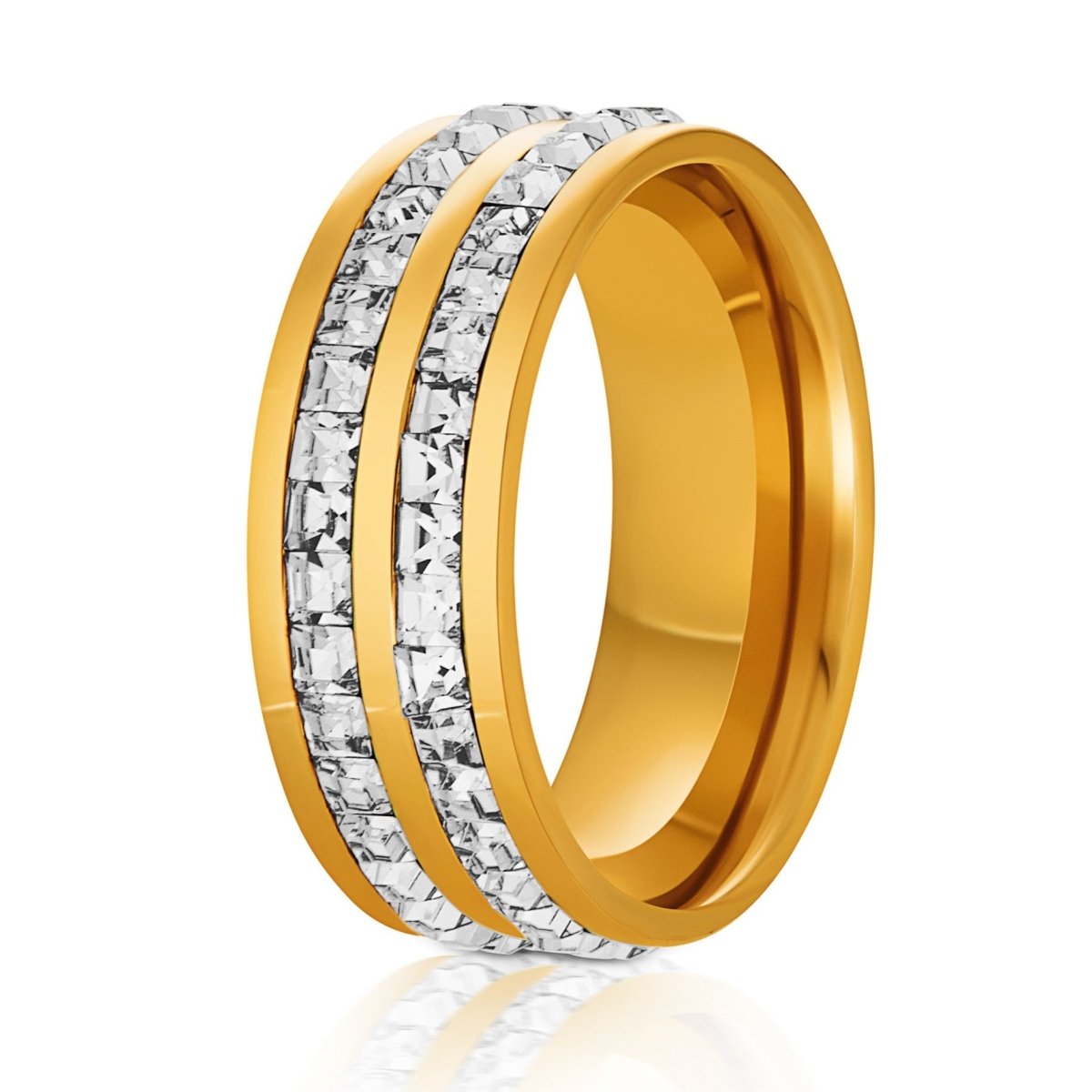 The Golden Duo, a 8mm gold titanium ring with a polished finish and two CZ diamond bands in the center.