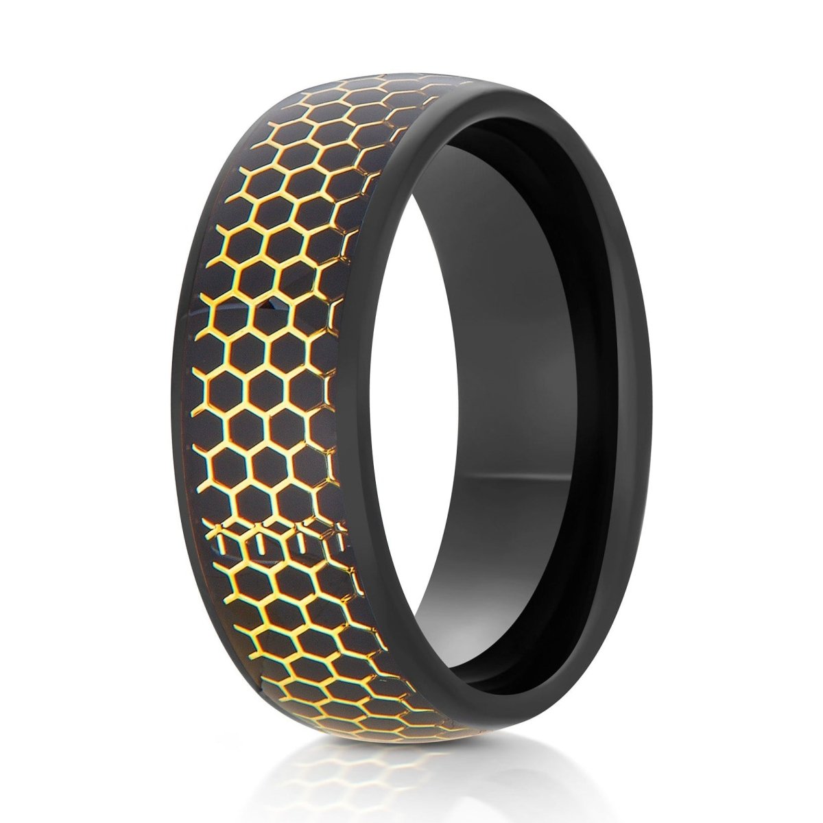The Golden Hive, a 8mm black tungsten ring with a polished finish that features a gold honeycomb cut inlay in the center.