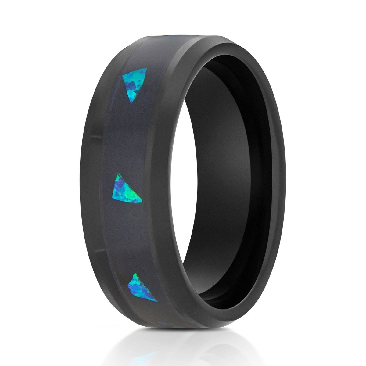 The Graduate, a 8mm black tungsten ring with a polished finish and abalone fragments inlay in the center.