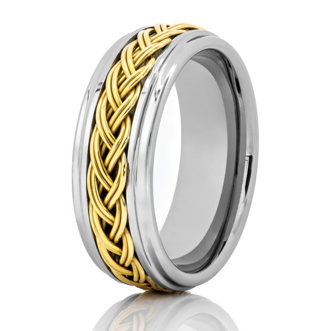 The Grand Sand Dunes, a 8mm silver tungsten scratch-resistant ring with a polished finish and a braided gold inlay in the center.