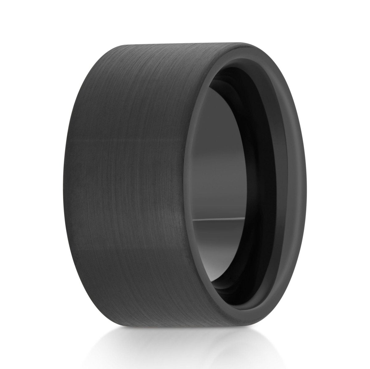 The Gravine, a 12mm black tungsten carbide ring with a brushed finish and pipe cut design.
