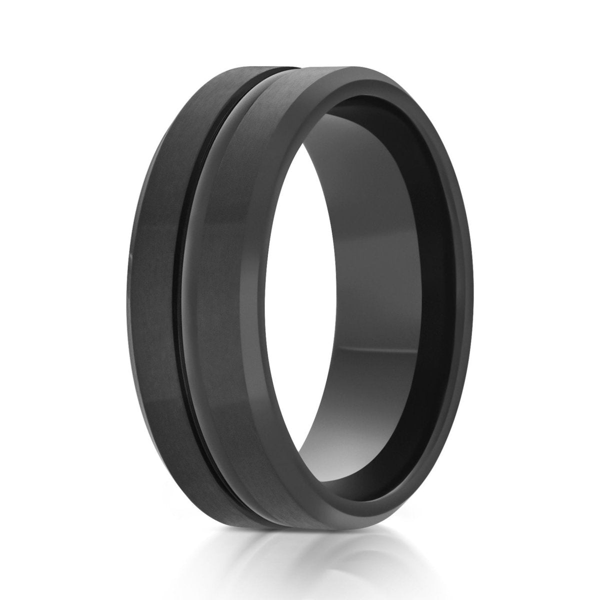 The Gravitas, a 8mm gray zirconium ring with a brushed finish that features polished beveled edges and center groove.