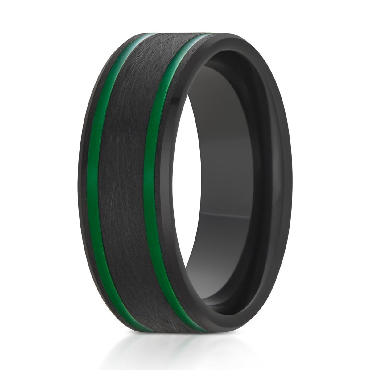 The Green Current, a 8mm black tungsten ring with a wire brushed finish and 2 green grooves.