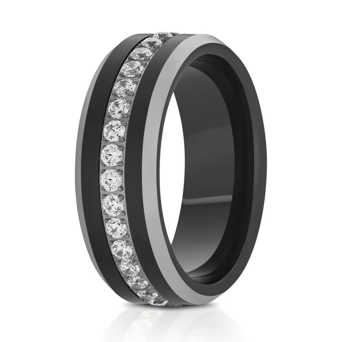 The Halcyon, a 8mm tungsten ring with a polished finish that features a black center, silver edges, and white CZ eternity diamonds in the the center.