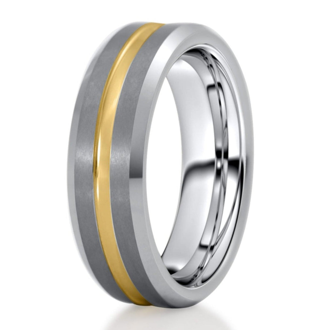 The Halford, a 8mm silver tungsten ring with a brushed center and polished edges and features a polished gold grooved center.