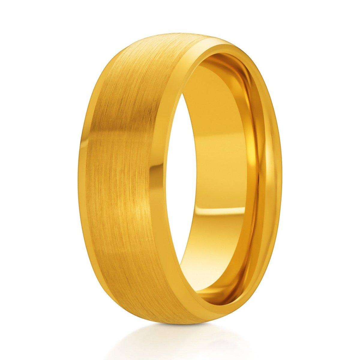 The Helios, a 8mm gold tungsten ring with a brushed center and polished low beveled edges with a domed style.