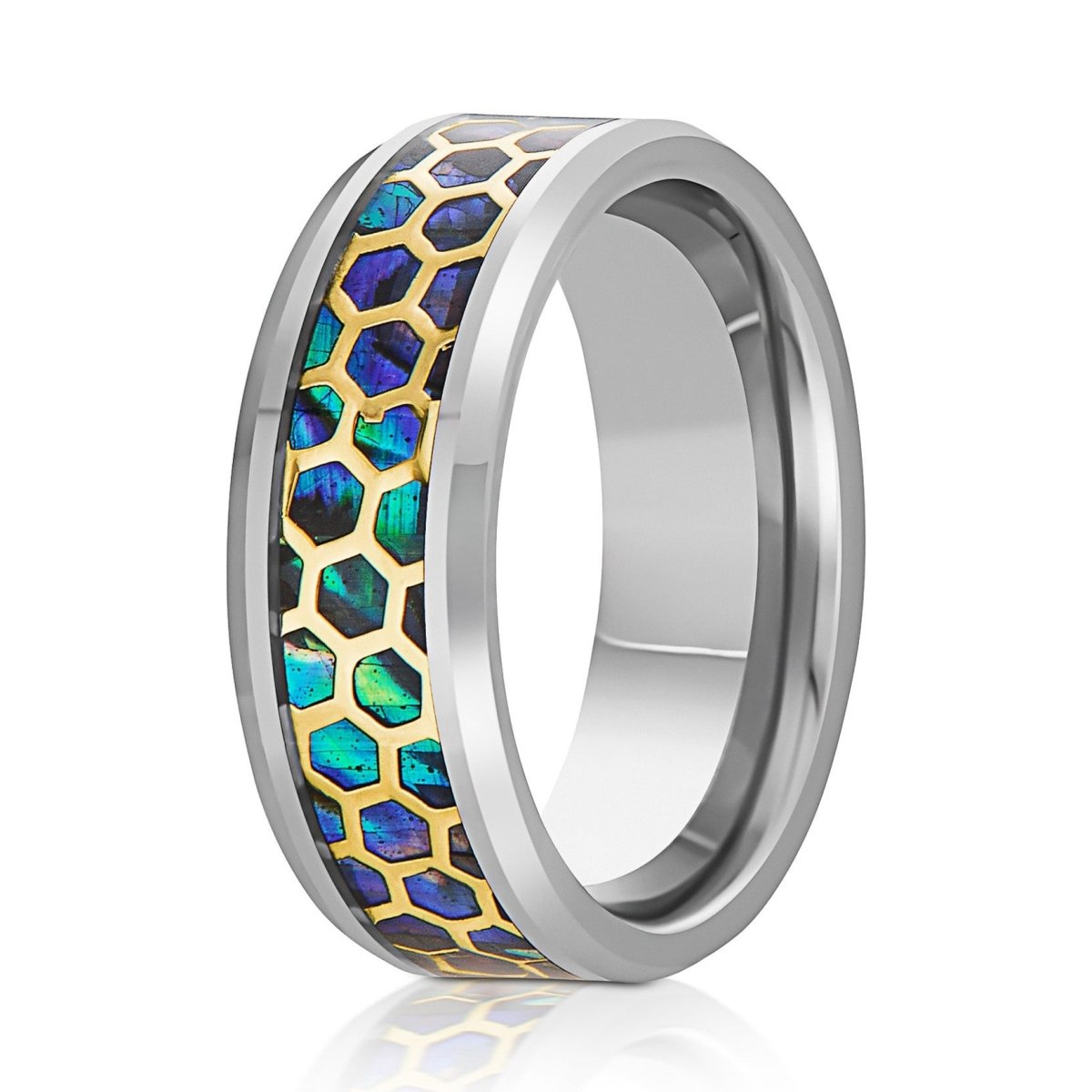 The Hive, a 8mm silver tungsten ring with a polished finish and beveled edge that features a honeycomb cut-out over an abalone inlay in the center.