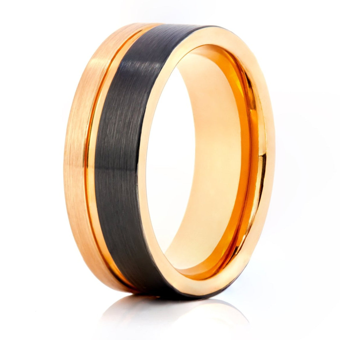 The Honey, a two-toned black and rose gold tungsten ring with a brushed finish and rose gold polished groove and inner band.