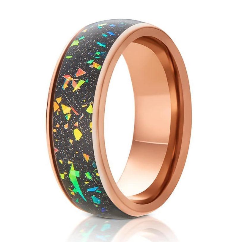 The Hyrda, a rose gold tungsten carbide ring with a polished finish that features a beautiful multi-colored opal and abalone fragments inlay.