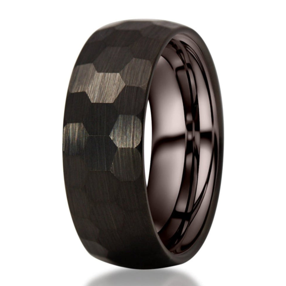 The Ibex, a black tungsten carbide scratch-resistant ring that features a hammered and brushed finish.