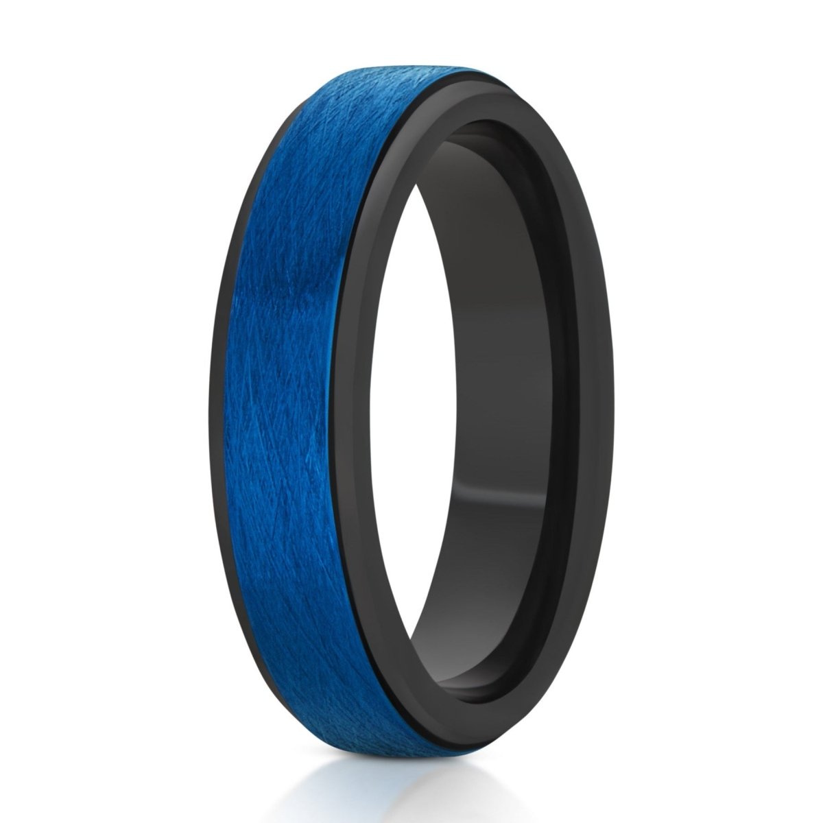 The Indigo, a 6mm black tungsten ring with a polished finish and a wire brushed blue center.