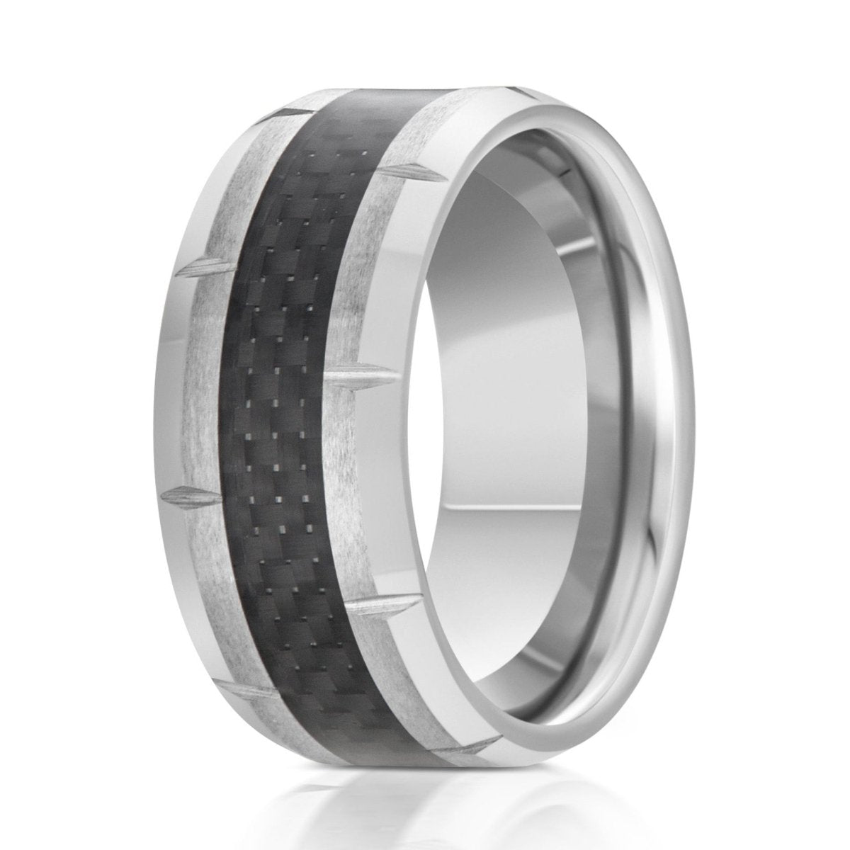 The Ironclad, a 10mm silver tungsten ring with a brushed center and polished edges that features a black carbon fiber inlay and grooved edges.