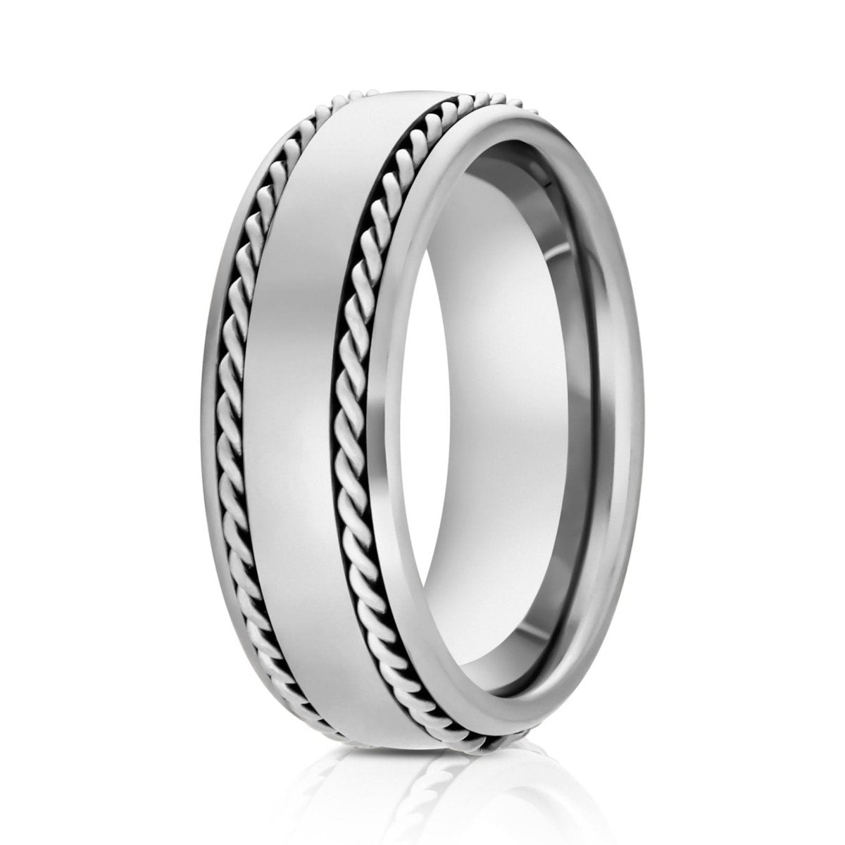 The Ironstrand, a 8mm silver tungsten ring with a polished finish and stainless steel rope inlay on the sides.