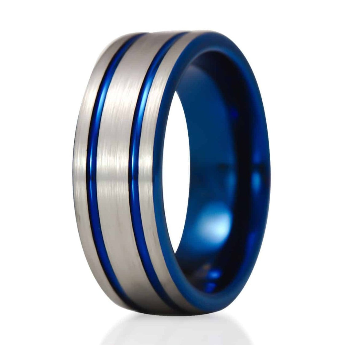The Jester, a silver and blue tungsten carbide ring that features a brushed, silver center with a blue double groove and a polished blue band.