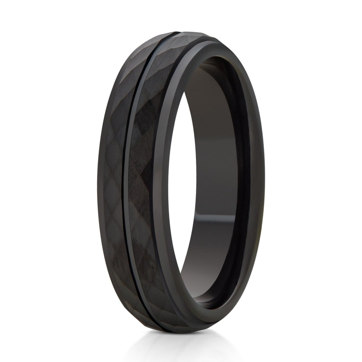 The Journalist, a 6mm black tungsten ring with a faceted and brushed center with polished beveled edges and a grooved center.