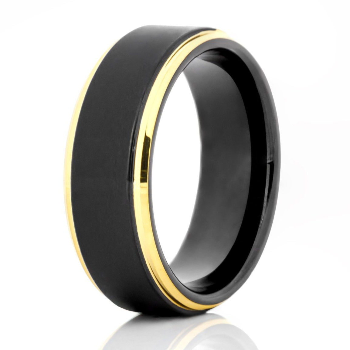 The Kobuk, a black tungsten carbide ring that features a brushed black center and polished gold edges.