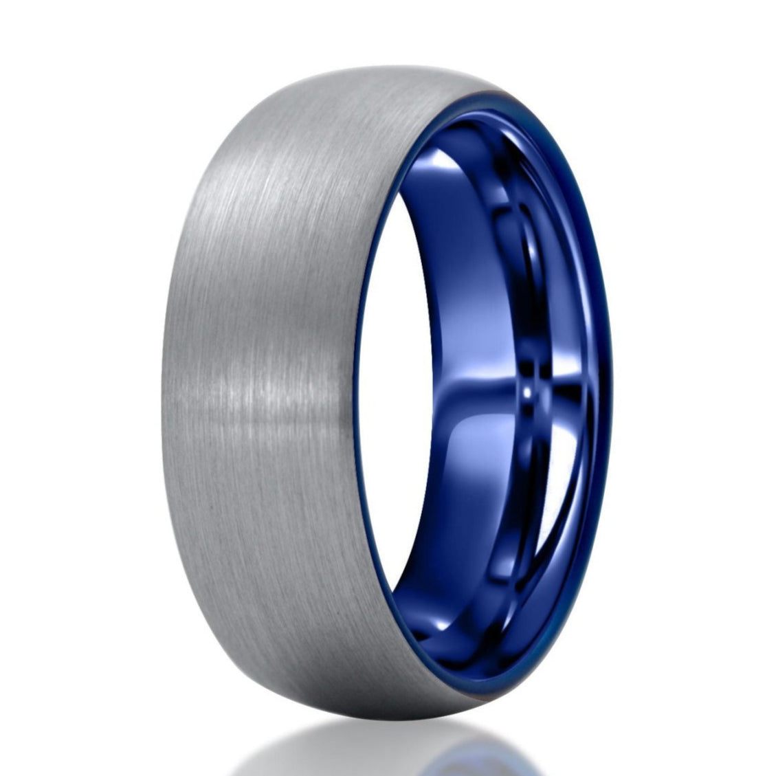 The Lancelot, a silver and blue tungsten ring that features a brushed finish and polished band.