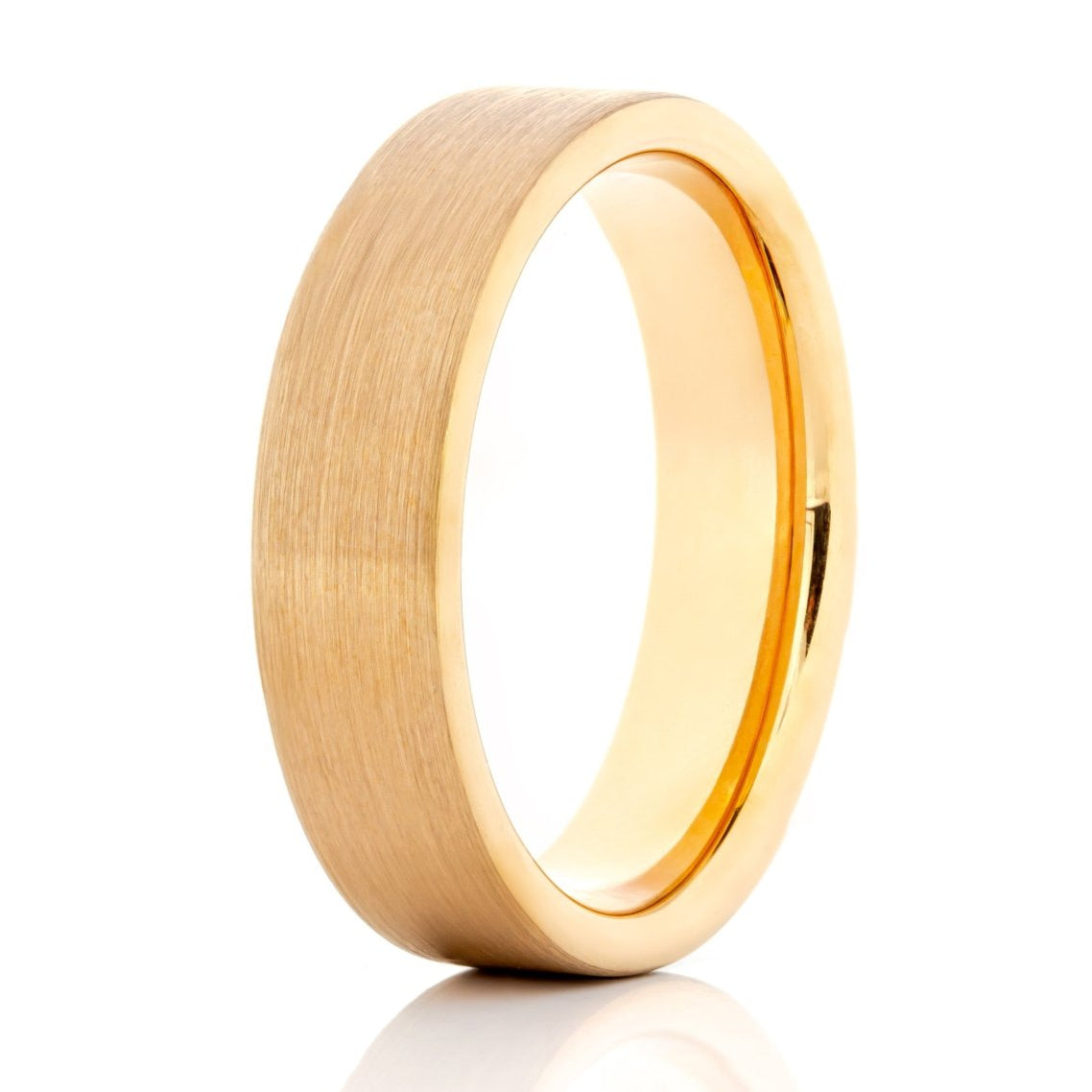 The Landmine, a 6mm rose gold tungsten carbide scratch-resistant ring that features a brushed finish and pipe cut design.