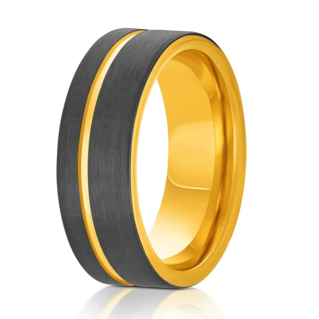 The Laurant, a 8mm gold and gray tungsten carbide scratch-resistant ring that features a brushed gray finish and a polished gold groove and band.