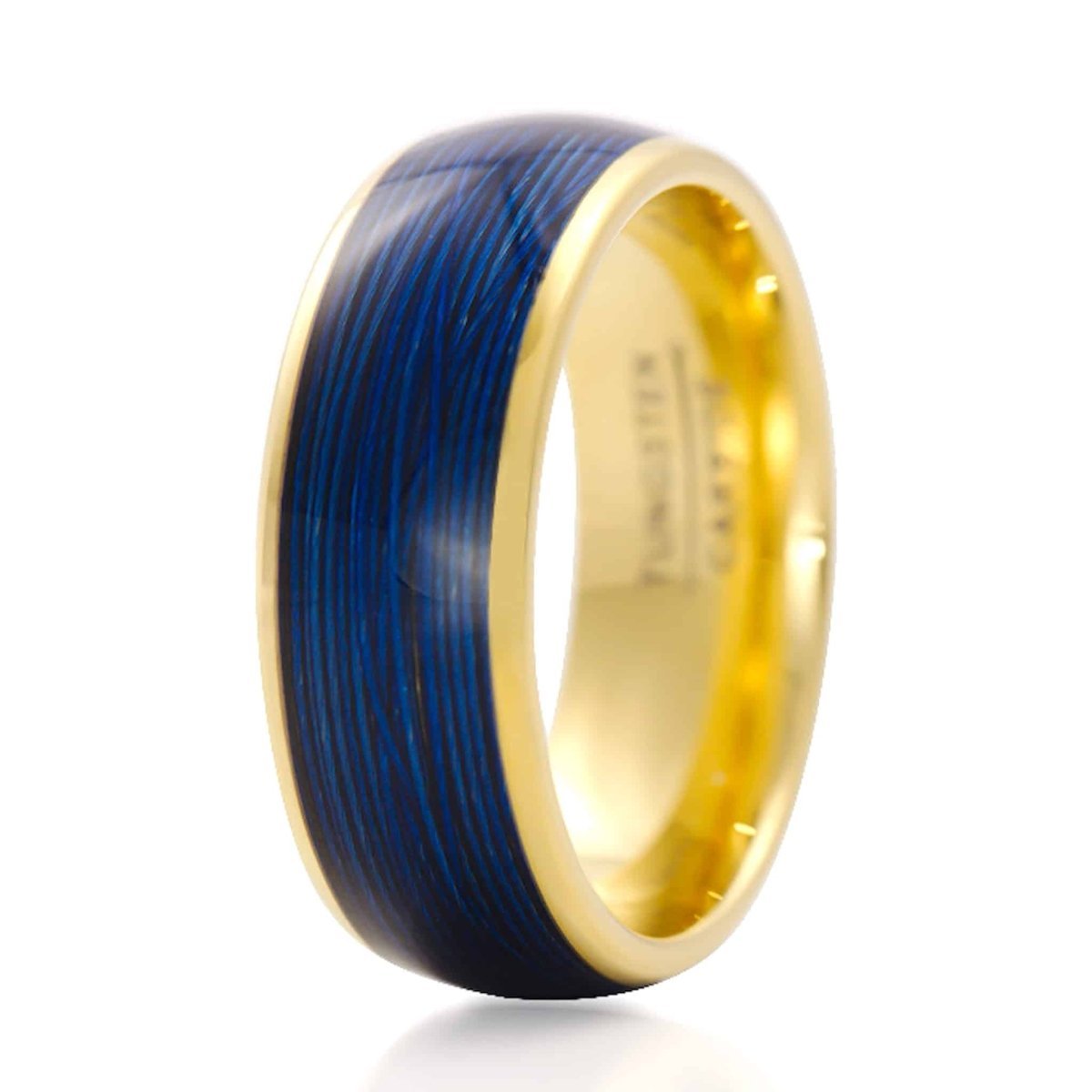 The Liam, a gold tungsten carbide ring with a polished finish that features a blue rolled wire inlay.