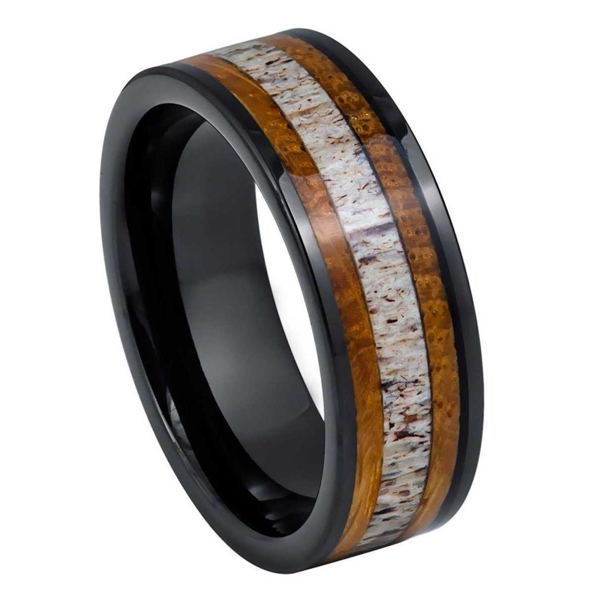 The Longbow, a 8mm black tungsten ring with a polished finish that features a whiskey barrel wood and deer antler inlay.