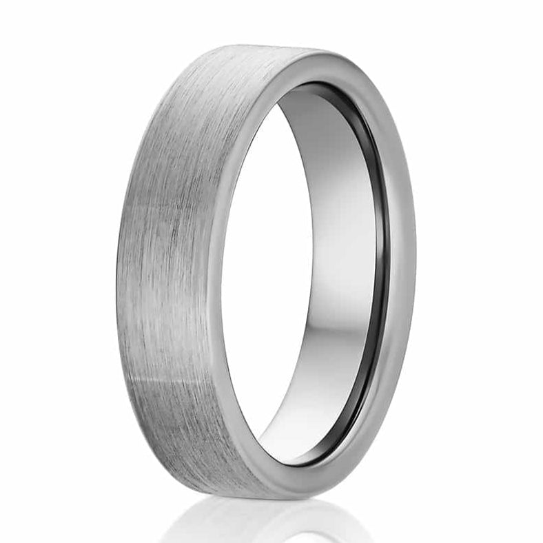 The Loyal, silver tungsten wedding band or anniversary gift on a white background.