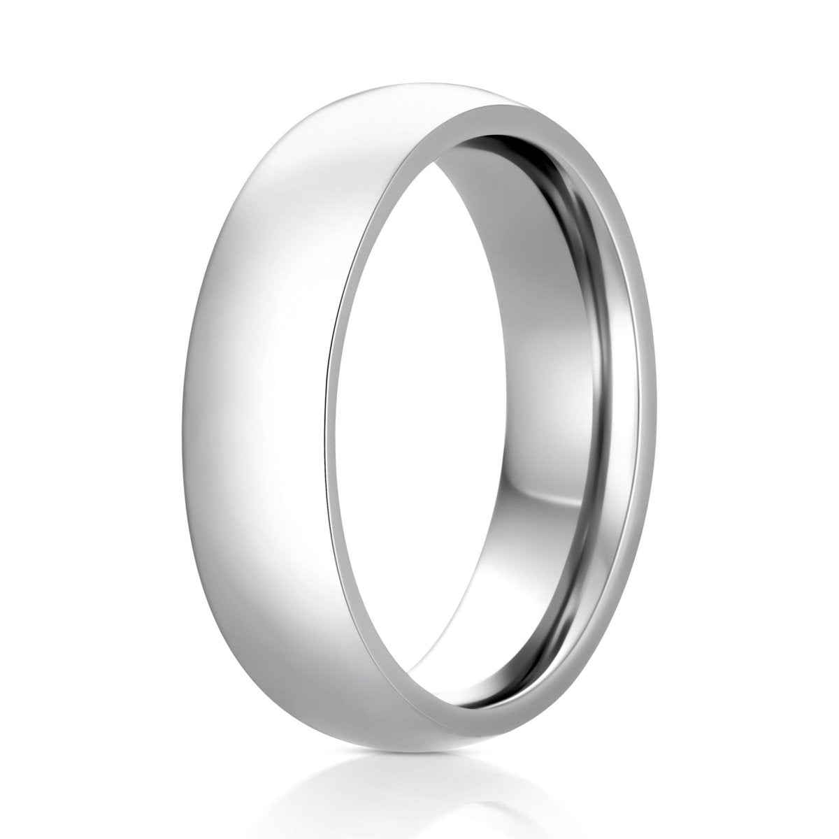The Lucent, a 6mm silver titanium ring that features a sleek, polished finish.